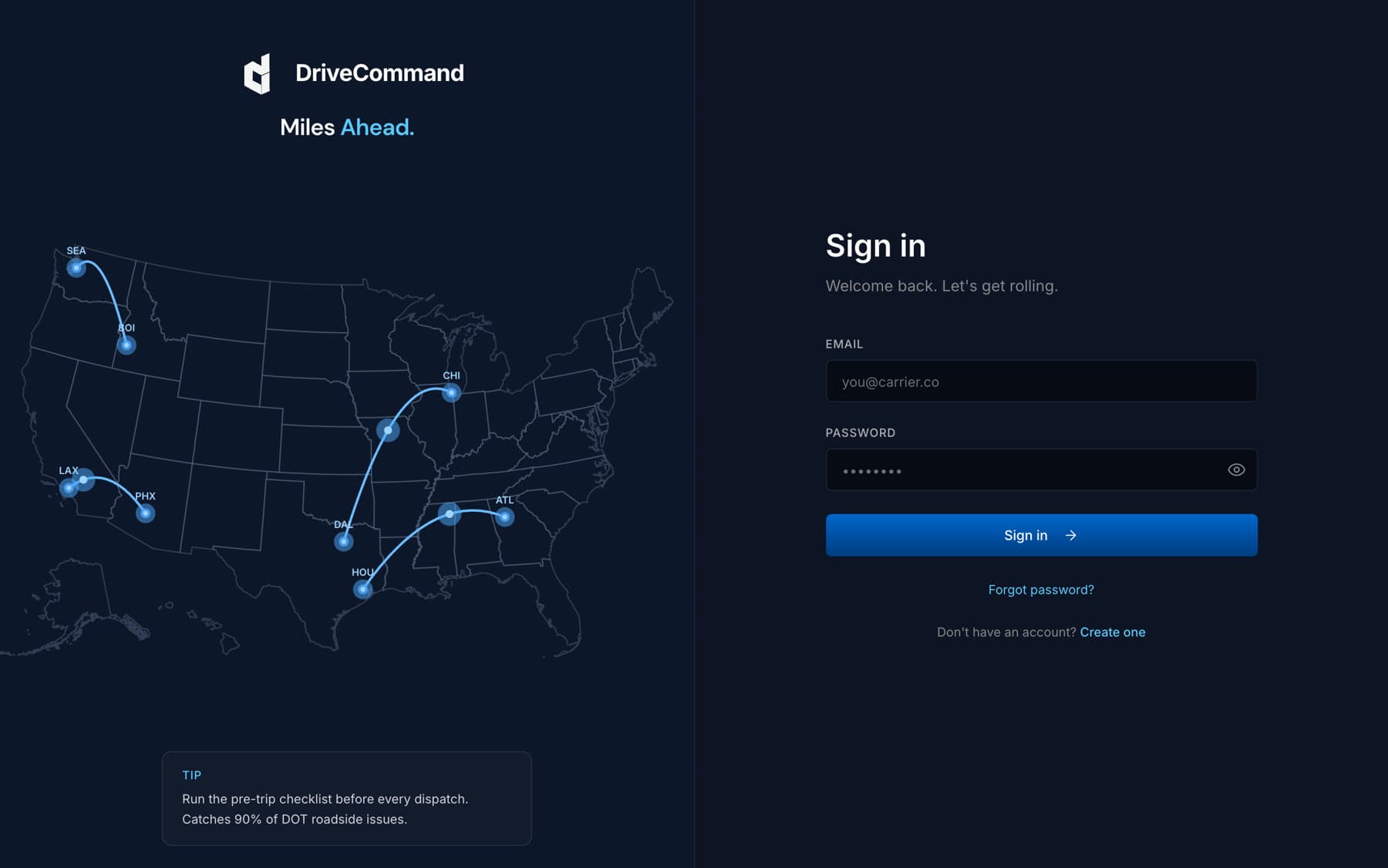 DriveCommand sign-in: a map of fleet routes across the United States beside the sign-in form