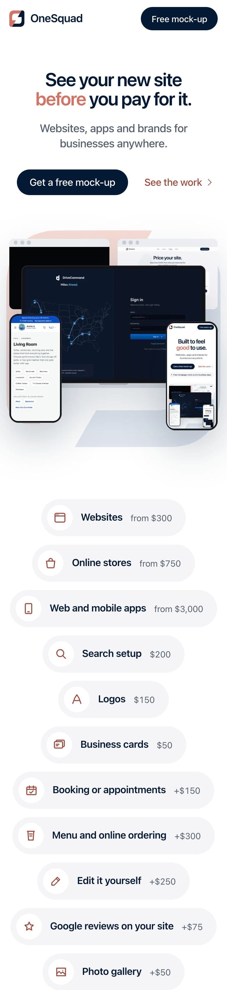 theonesquad.com on a phone, scrolled through from the top