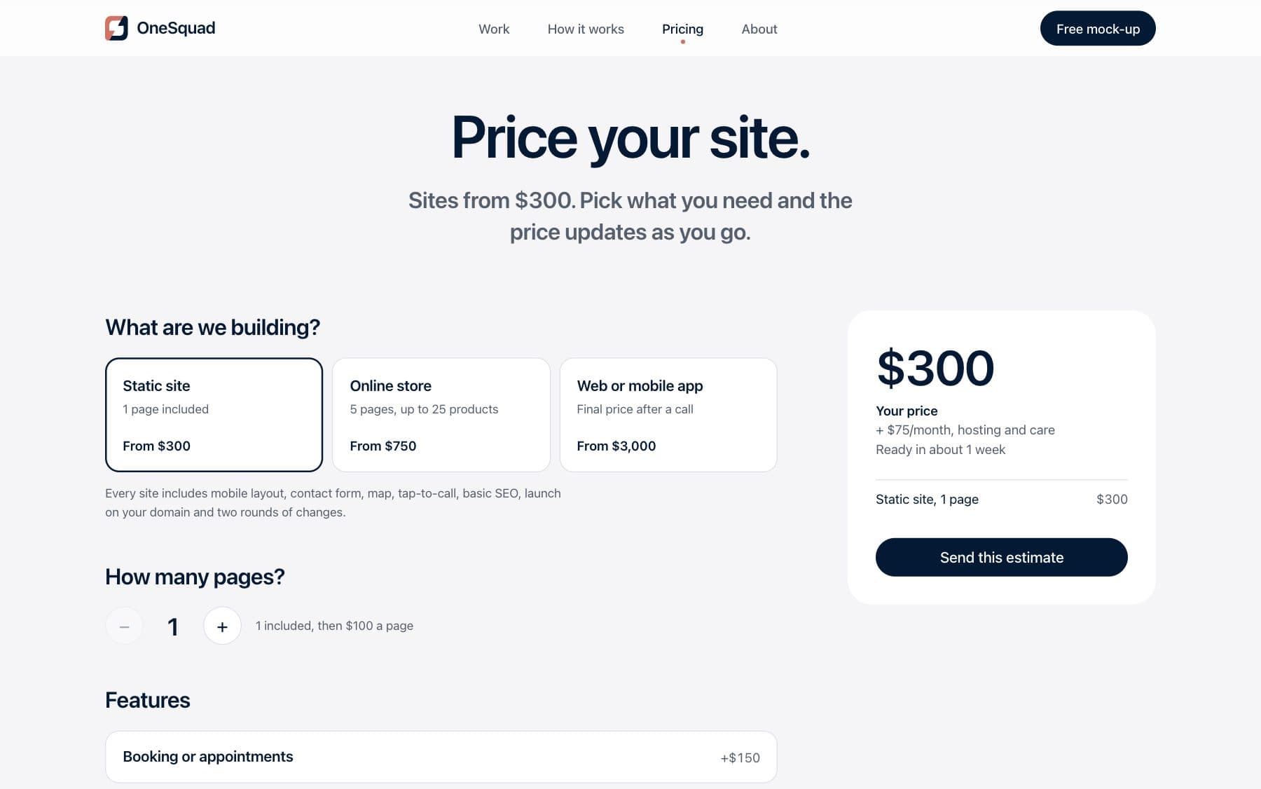 onesquads.com: the pricing configurator, with choice cards and a sticky price summary