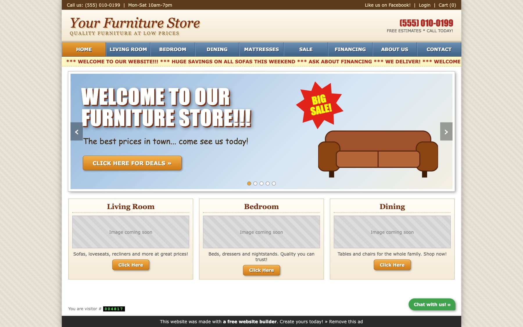 A sample dated template furniture site we drew: a beveled menu bar, “WELCOME TO OUR FURNITURE STORE!!!”, a starburst sale badge and “Image coming soon” boxes