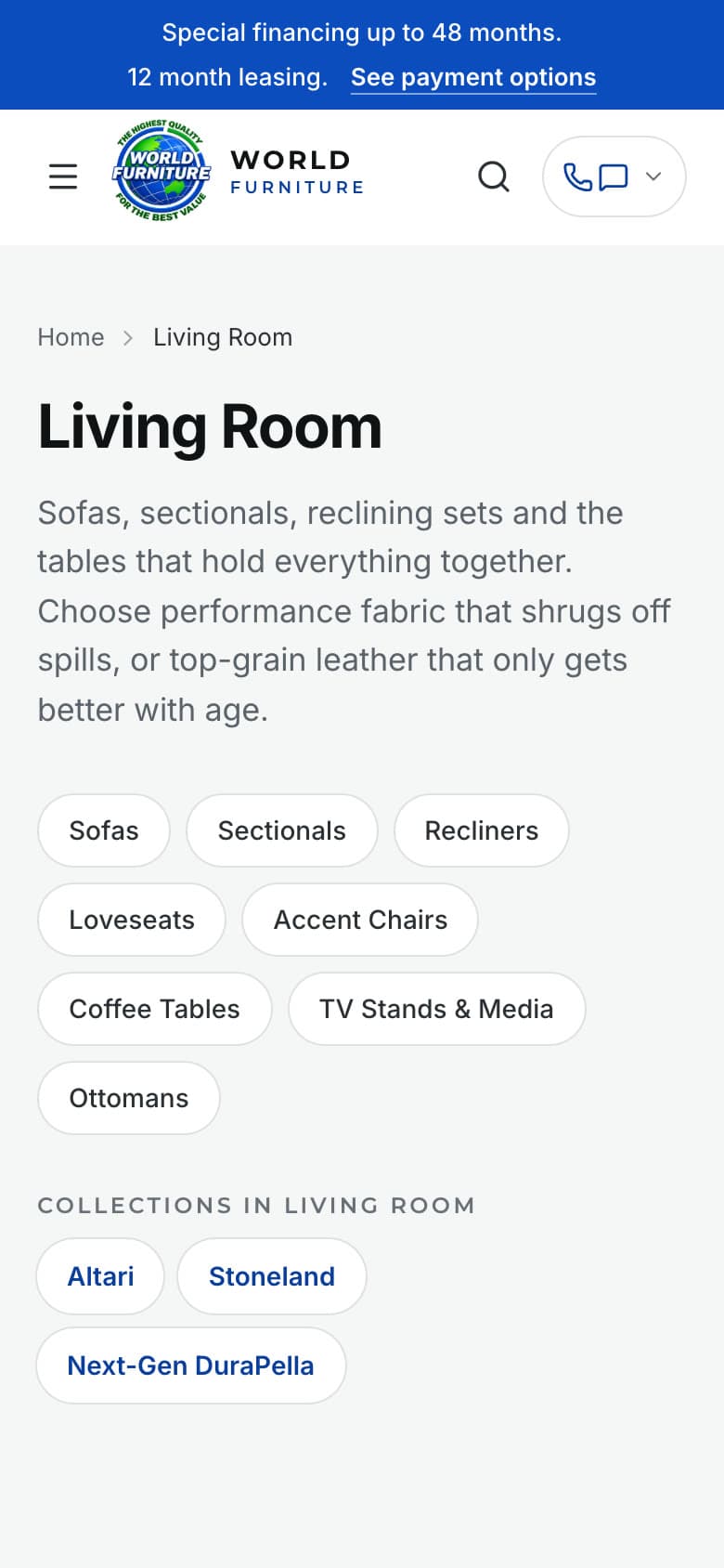 World Furniture’s living room page on a phone
